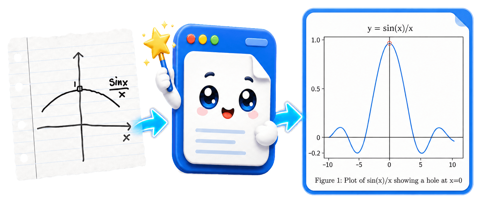 Write2Notes turning a handwritten equation and curve into a polished structured document